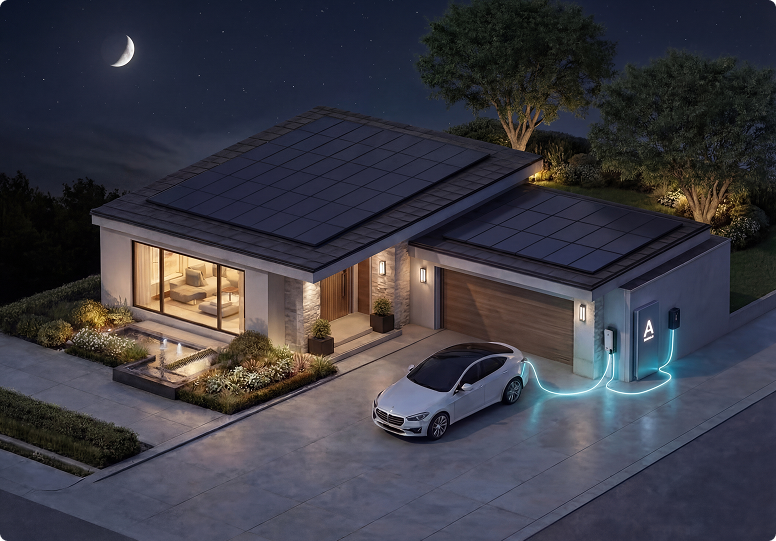 Home with solar panels at night
