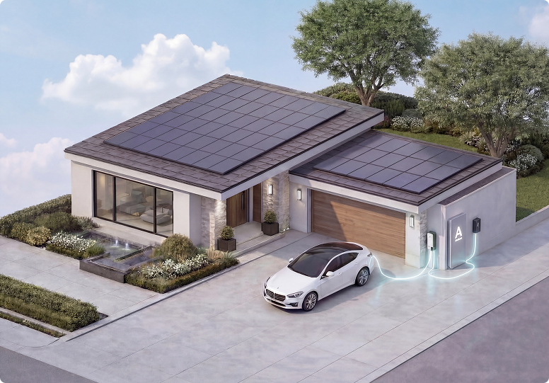 Home with solar panels and EV charging